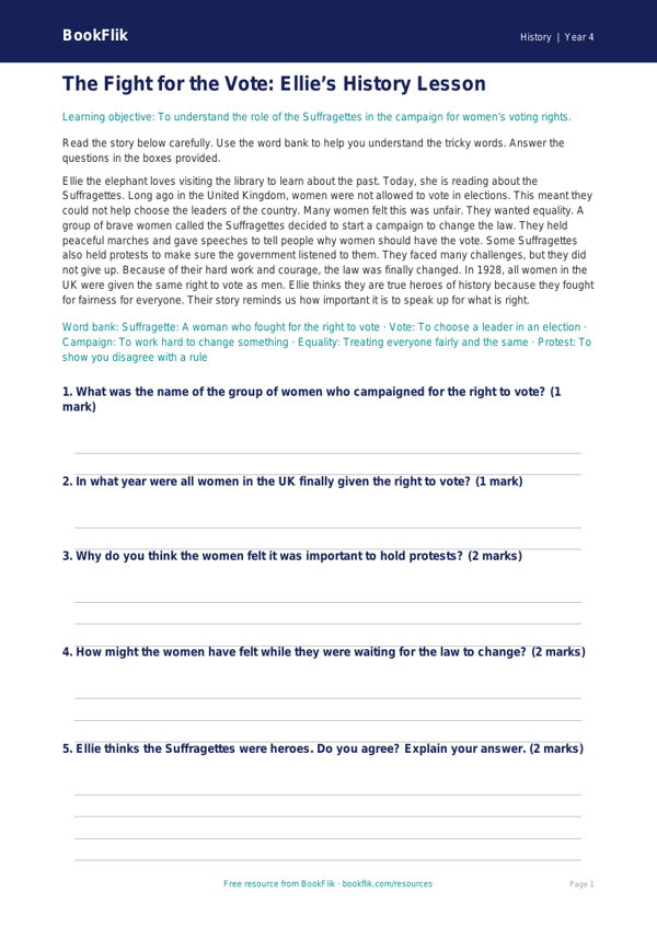 Free Suffragettes Comprehension | Year 4 Supported | BookFlik worksheet preview — History Suffragettes