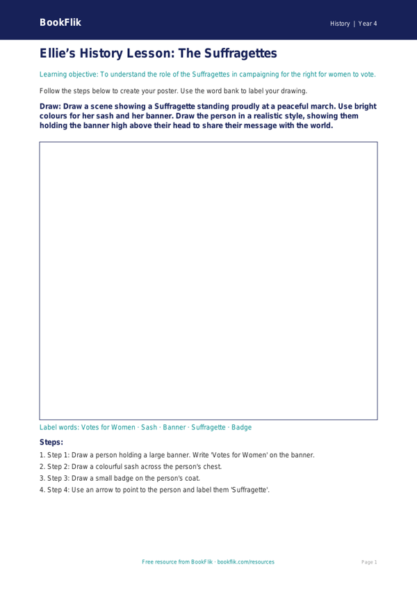 Free Suffragettes Drawing Sheet | Year 4 Supported | BookFlik worksheet preview — History Suffragettes