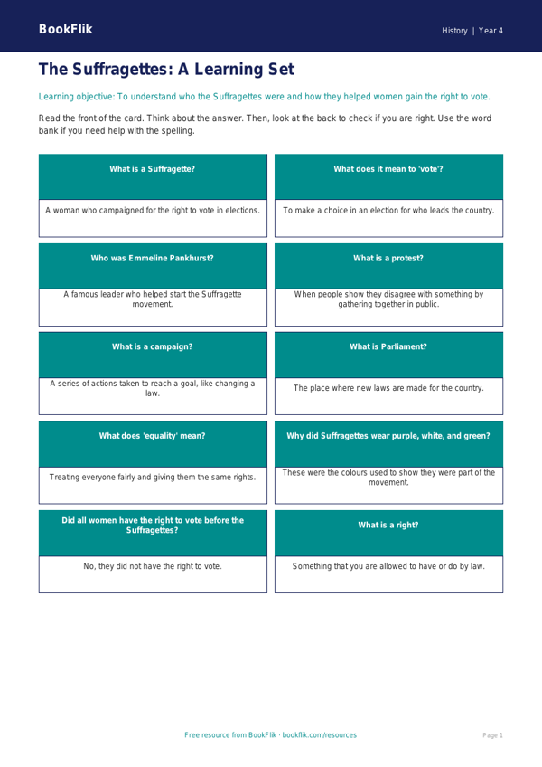 Free Suffragettes Flashcards | Year 4 Supported | BookFlik worksheet preview — History Suffragettes