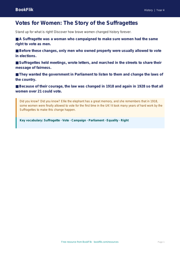 Free Suffragettes Poster | Year 4 Supported | BookFlik worksheet preview — History Suffragettes