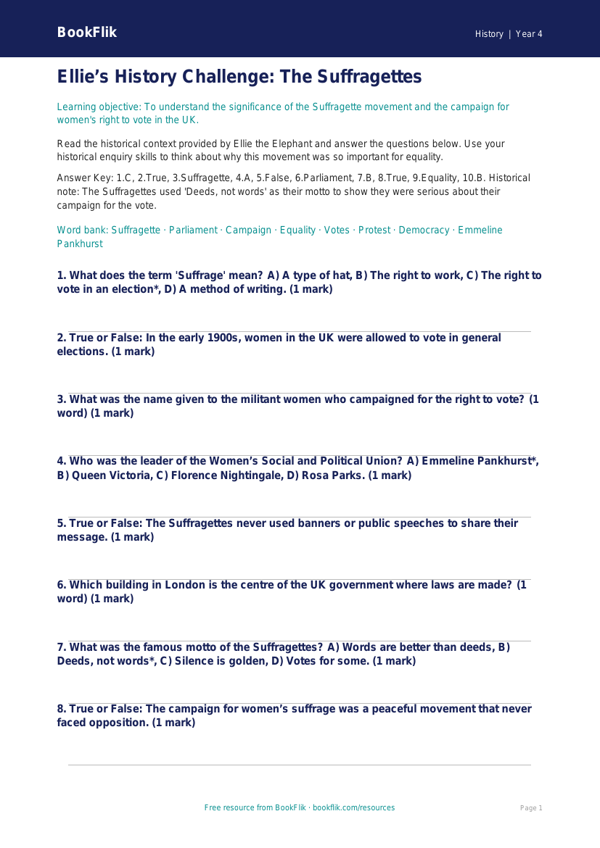 Free Suffragettes Quiz | Year 4 Greater Depth | BookFlik worksheet preview — History Suffragettes