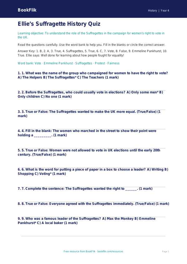Free Suffragettes Quiz | Year 4 Supported | BookFlik worksheet preview — History Suffragettes