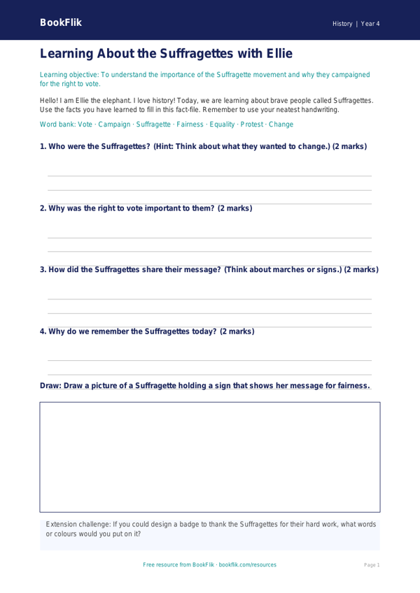 Free Suffragettes Template | Year 4 Supported | BookFlik worksheet preview — History Suffragettes