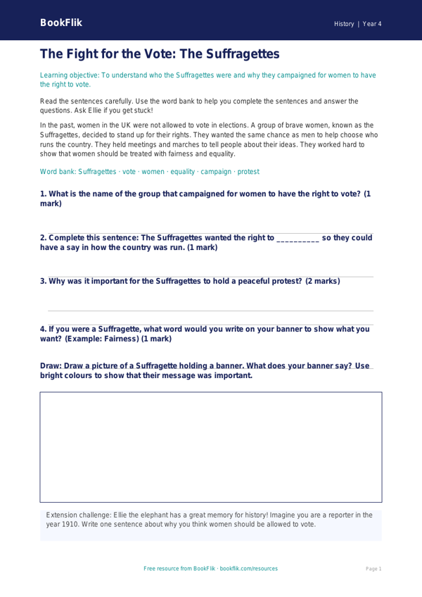 Free Suffragettes Worksheet | Year 4 Supported | BookFlik worksheet preview — History Suffragettes