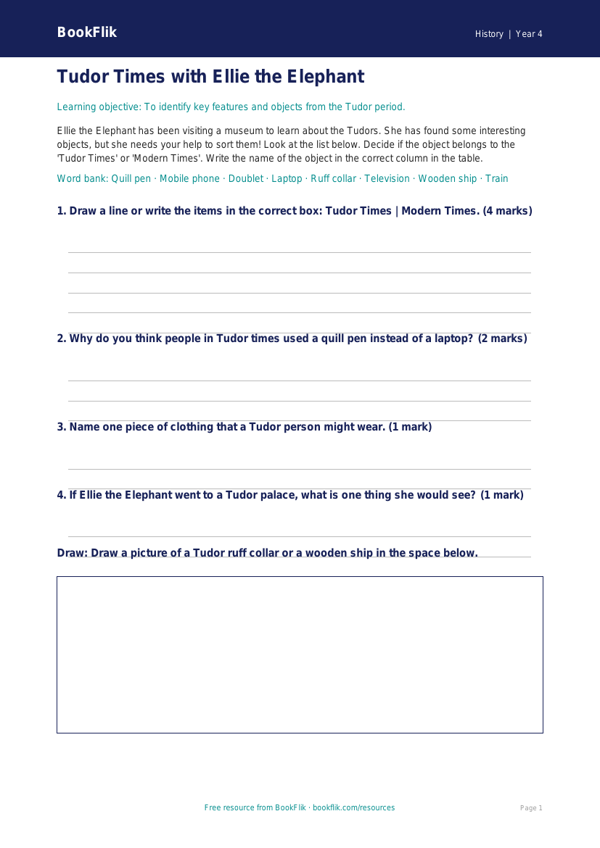 Free Tudors Activity Sheet | Year 4 Supported | BookFlik worksheet preview — History Tudors