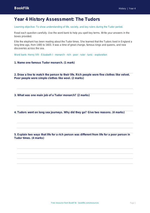 Free Tudors Assessment | Year 4 Supported | BookFlik worksheet preview — History Tudors
