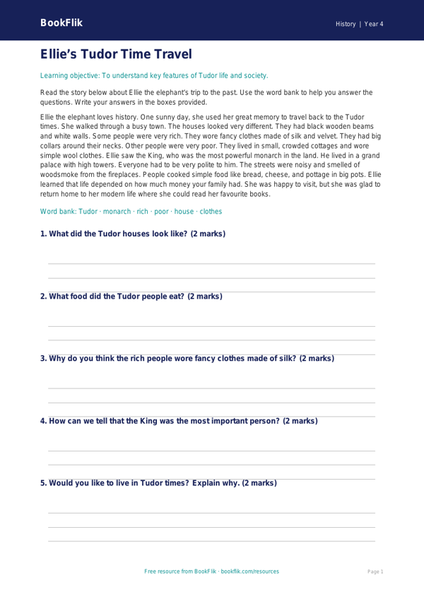 Free Tudors Comprehension | Year 4 Supported | BookFlik worksheet preview — History Tudors