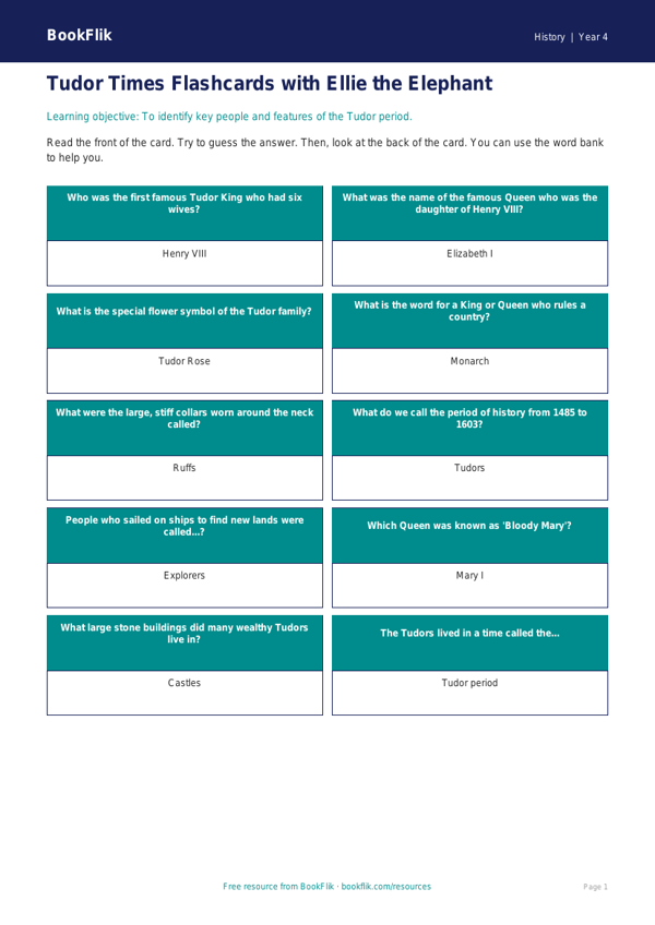 Free Tudors Flashcards | Year 4 Supported | BookFlik worksheet preview — History Tudors