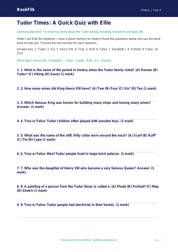 Free Tudors Quiz | Year 4 Supported | BookFlik worksheet preview — History Tudors