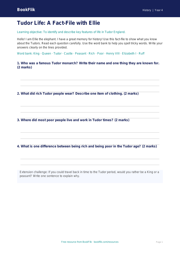 Free Tudors Template | Year 4 Supported | BookFlik worksheet preview — History Tudors