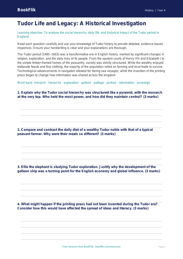 Free Tudors Worksheet | Year 4 Greater Depth | BookFlik worksheet preview — History Tudors