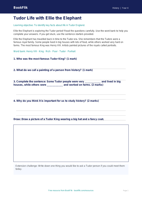 Free Tudors Worksheet | Year 4 Supported | BookFlik worksheet preview — History Tudors