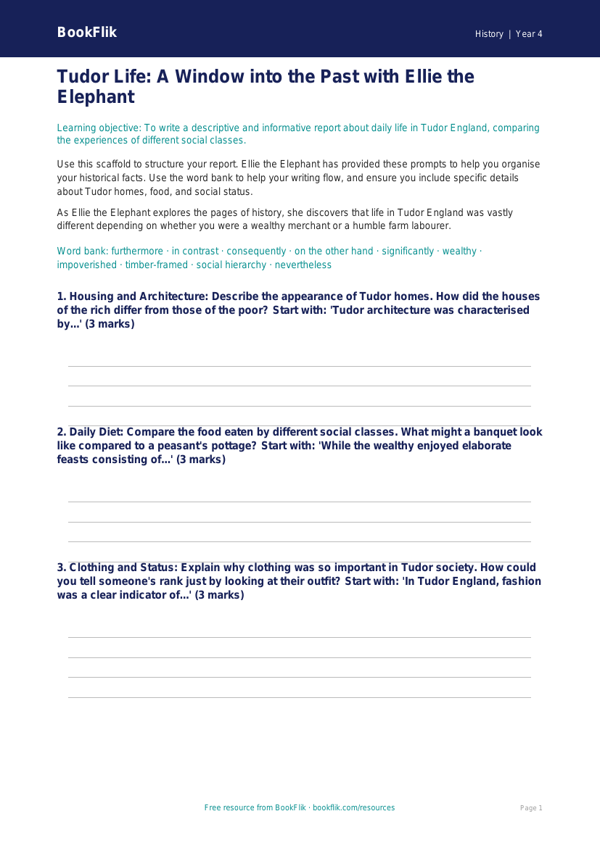Free Tudors Writing Frame | Year 4 Greater Depth | BookFlik worksheet preview — History Tudors