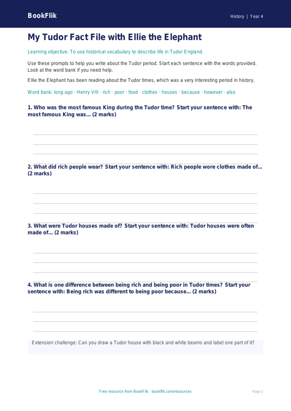 Free Tudors Writing Frame | Year 4 Supported | BookFlik worksheet preview — History Tudors
