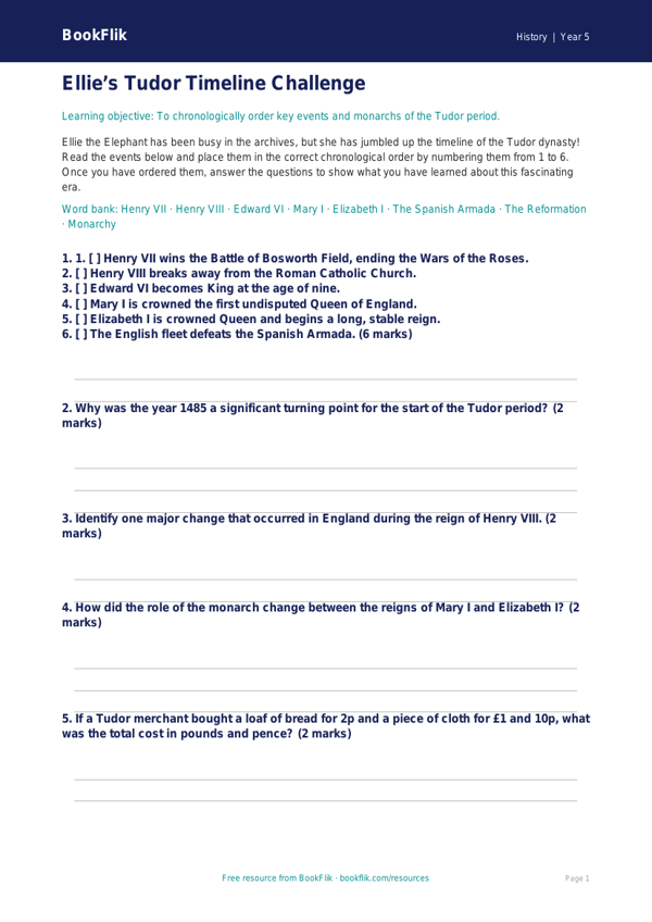 Free Tudors Activity Sheet | Year 5 Core | BookFlik worksheet preview — History Tudors