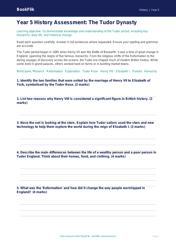 Free Tudors Assessment | Year 5 Core | BookFlik worksheet preview — History Tudors