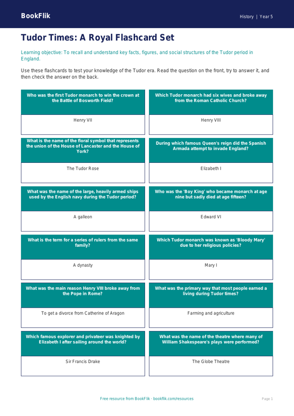 Free Tudors Flashcards | Year 5 Core | BookFlik worksheet preview — History Tudors