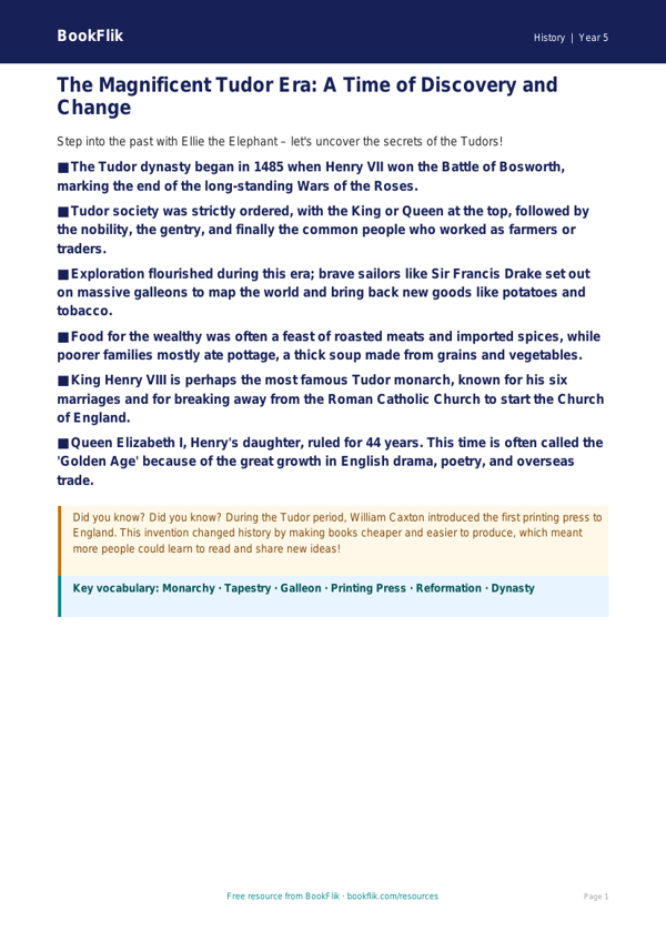 Free Tudors Poster | Year 5 Core | BookFlik worksheet preview — History Tudors