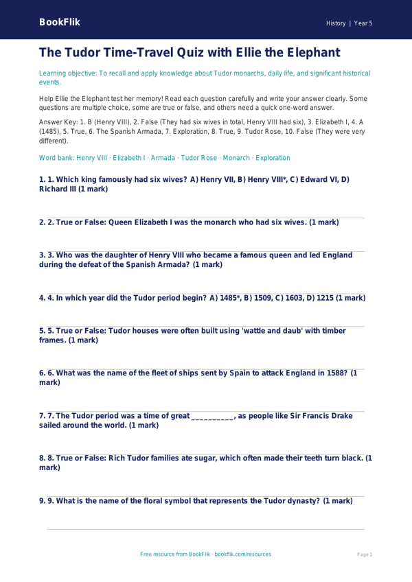 Free Tudors Quiz | Year 5 Core | BookFlik worksheet preview — History Tudors