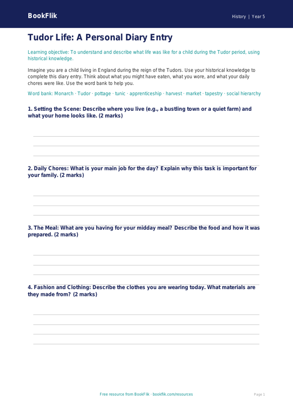 Free Tudors Template | Year 5 Core | BookFlik worksheet preview — History Tudors