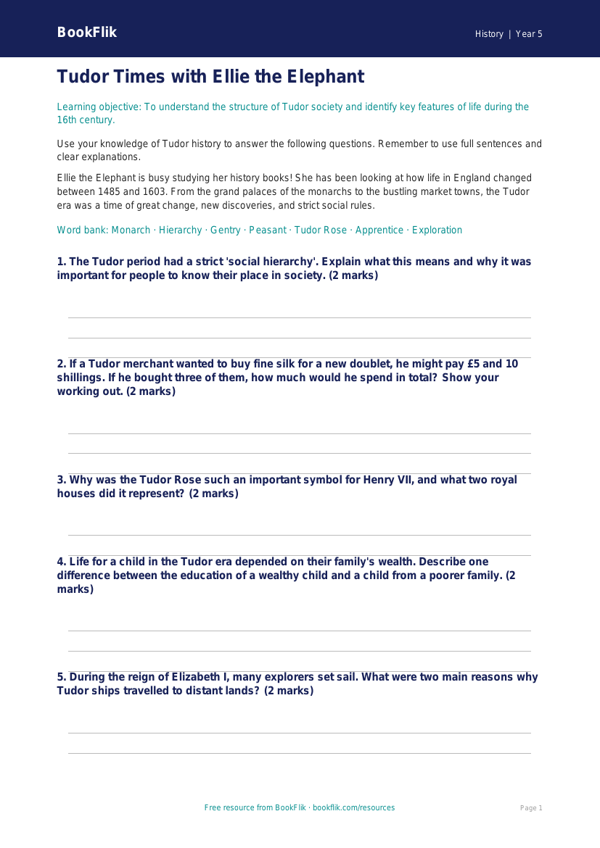 Free Tudors Worksheet | Year 5 Core | BookFlik worksheet preview — History Tudors
