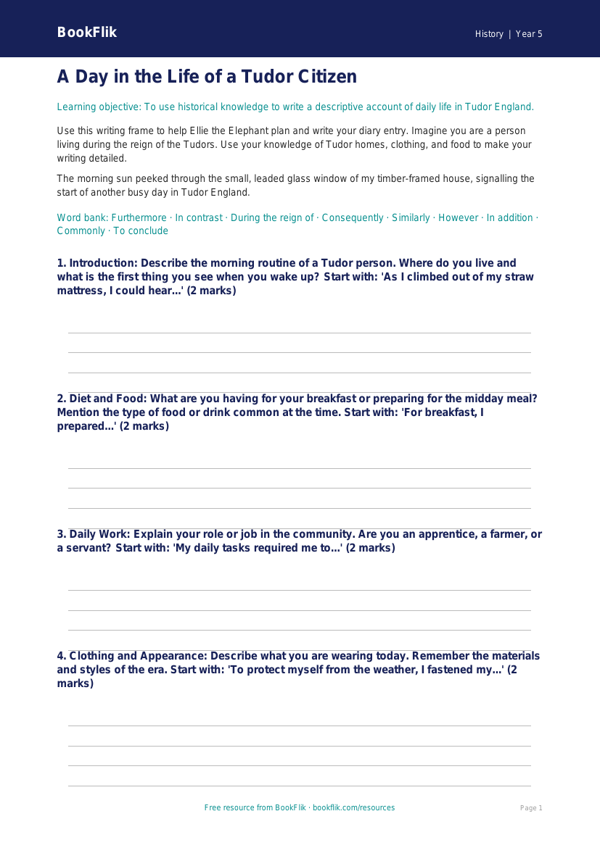 Free Tudors Writing Frame | Year 5 Core | BookFlik worksheet preview — History Tudors
