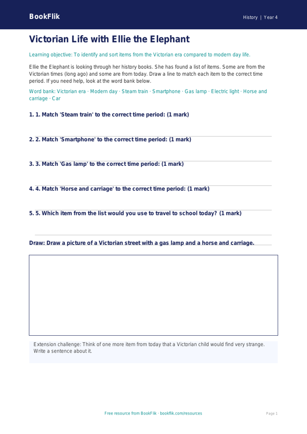 Free Victorians Activity Sheet | Year 4 Supported | BookFlik worksheet preview — History Victorians