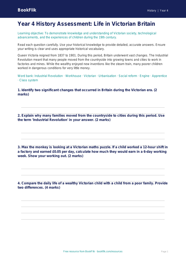 Free Victorians Assessment | Year 4 Greater Depth | BookFlik worksheet preview — History Victorians