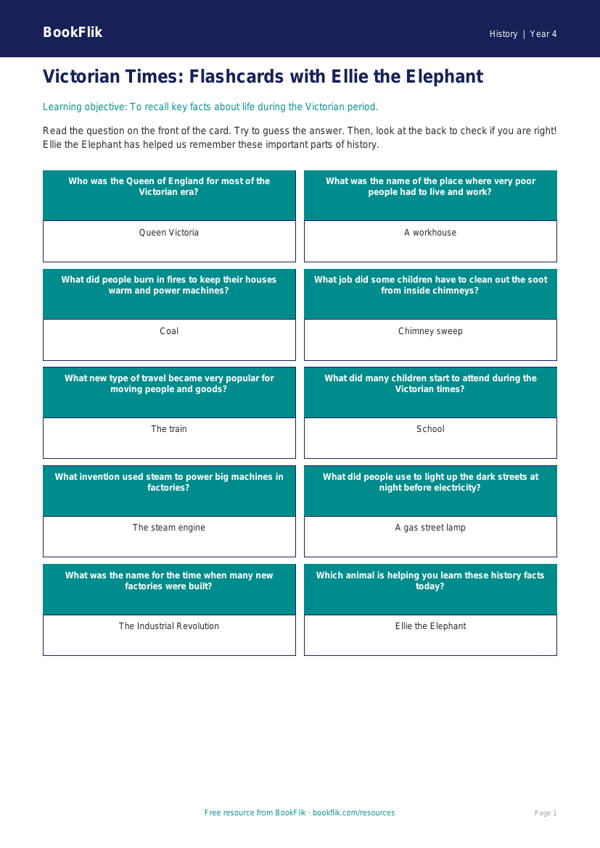 Free Victorians Flashcards | Year 4 Supported | BookFlik worksheet preview — History Victorians