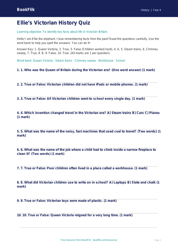 Free Victorians Quiz | Year 4 Supported | BookFlik worksheet preview — History Victorians