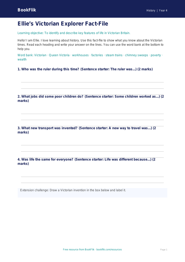 Free Victorians Template | Year 4 Supported | BookFlik worksheet preview — History Victorians