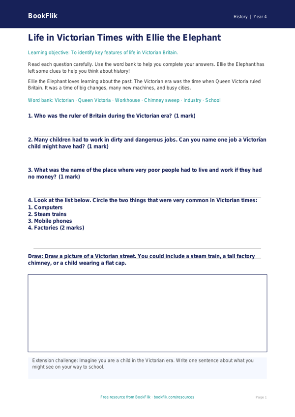 Free Victorians Worksheet | Year 4 Supported | BookFlik worksheet preview — History Victorians