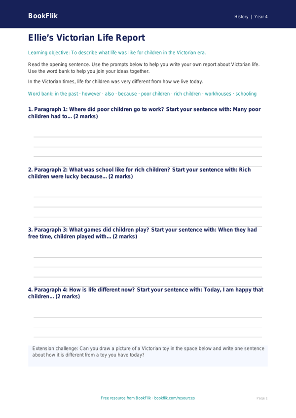Free Victorians Writing Frame | Year 4 Supported | BookFlik worksheet preview — History Victorians