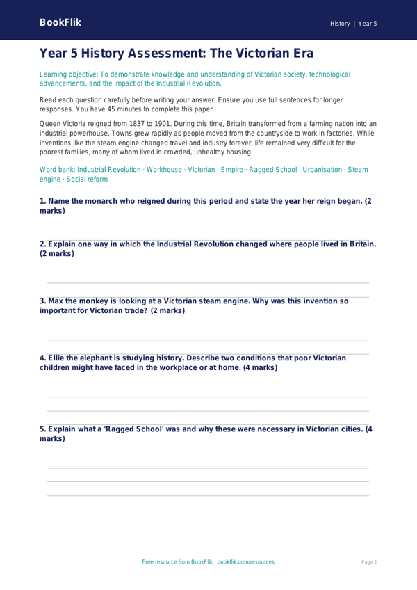 Free Victorians Assessment | Year 5 Core | BookFlik worksheet preview — History Victorians