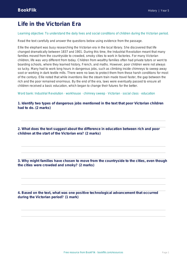 Free Victorians Comprehension | Year 5 Core | BookFlik worksheet preview — History Victorians
