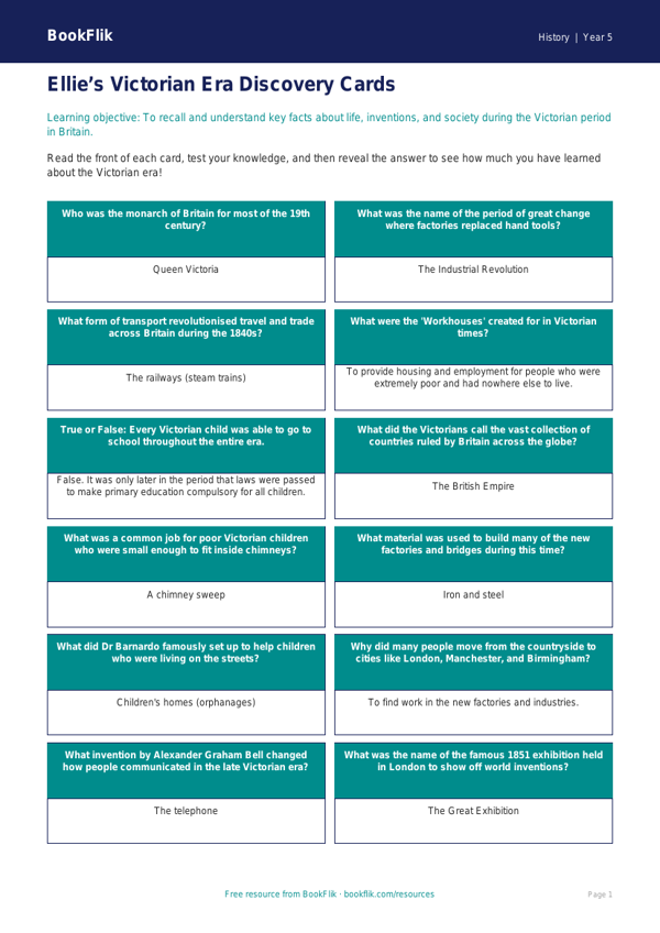 Free Victorians Flashcards | Year 5 Core | BookFlik worksheet preview — History Victorians
