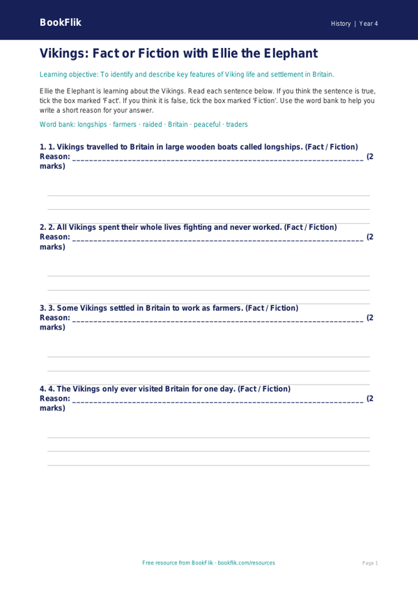Free Vikings Activity Sheet | Year 4 Supported | BookFlik worksheet preview — History Vikings