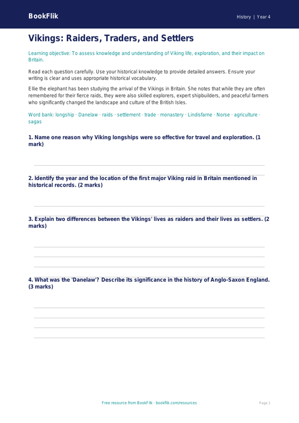 Free Vikings Assessment | Year 4 Greater Depth | BookFlik worksheet preview — History Vikings