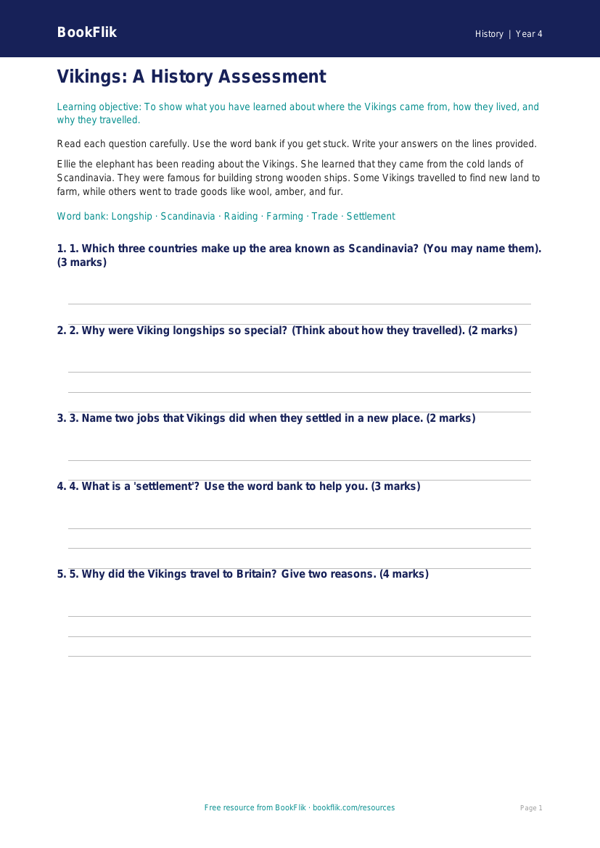 Free Vikings Assessment | Year 4 Supported | BookFlik worksheet preview — History Vikings