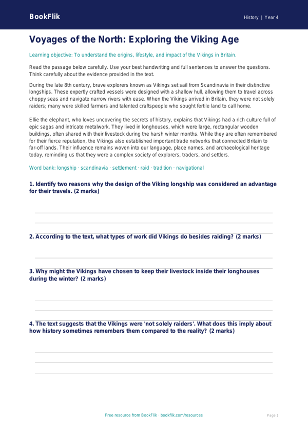 Free Vikings Comprehension | Year 4 Greater Depth | BookFlik worksheet preview — History Vikings