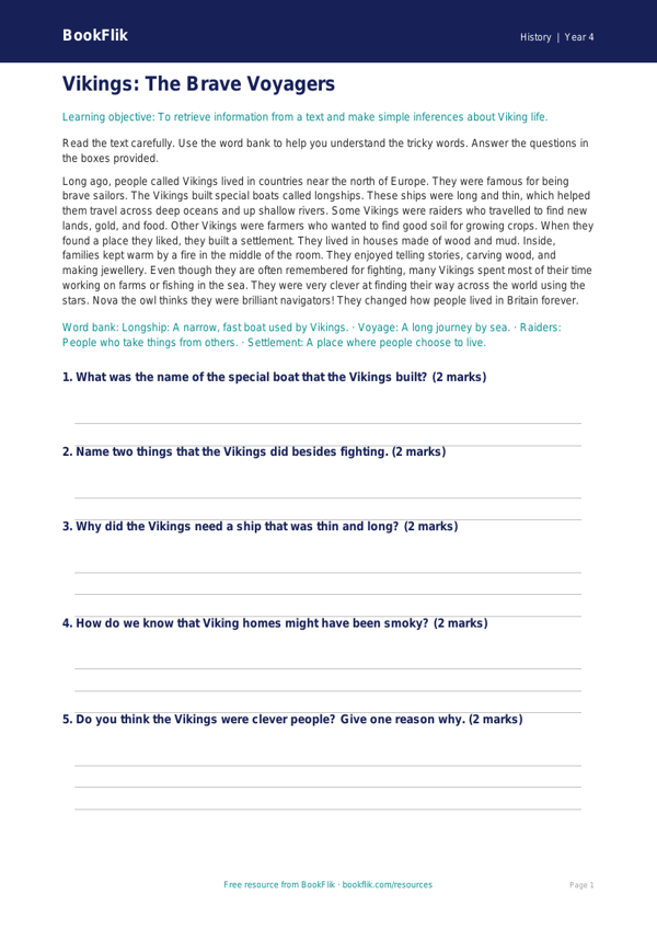 Free Vikings Comprehension | Year 4 Supported | BookFlik worksheet preview — History Vikings