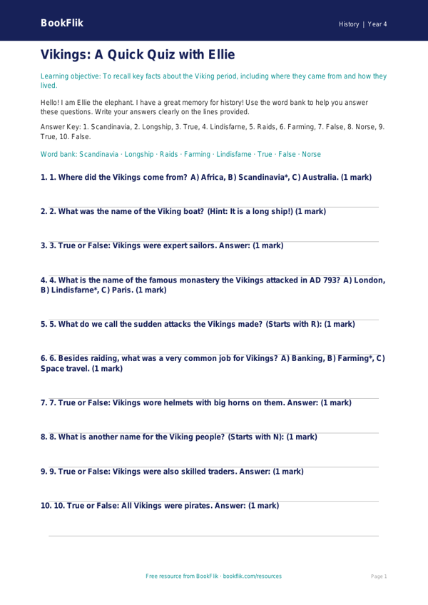 Free Vikings Quiz | Year 4 Supported | BookFlik worksheet preview — History Vikings