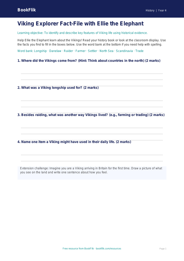 Free Vikings Template | Year 4 Supported | BookFlik worksheet preview — History Vikings