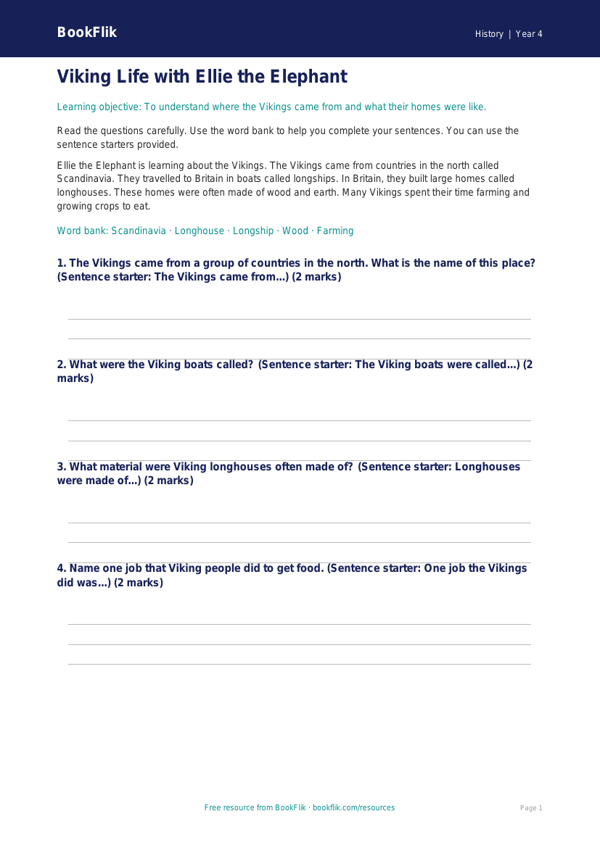 Free Vikings Worksheet | Year 4 Supported | BookFlik worksheet preview — History Vikings
