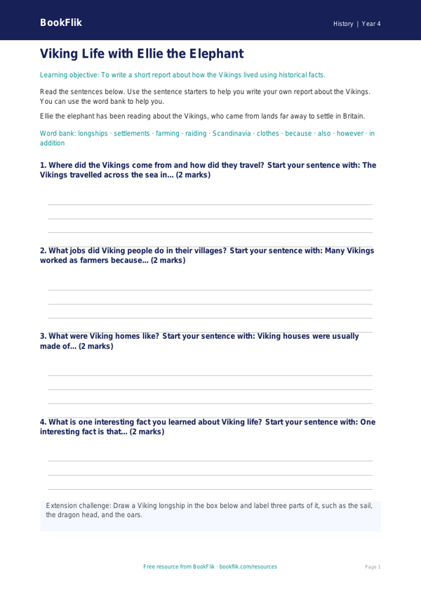 Free Vikings Writing Frame | Year 4 Supported | BookFlik worksheet preview — History Vikings