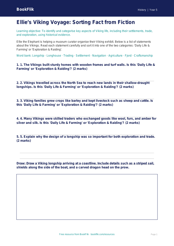 Free Vikings Activity Sheet | Year 5 Core | BookFlik worksheet preview — History Vikings