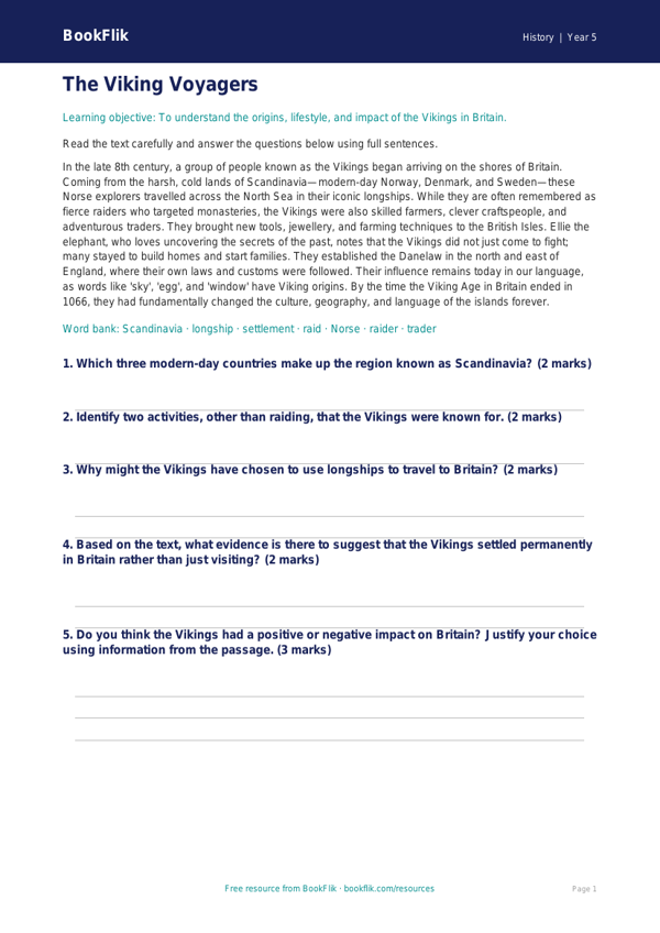 Free Vikings Comprehension | Year 5 Core | BookFlik worksheet preview — History Vikings