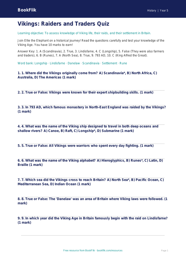 Free Vikings Quiz | Year 5 Core | BookFlik worksheet preview — History Vikings