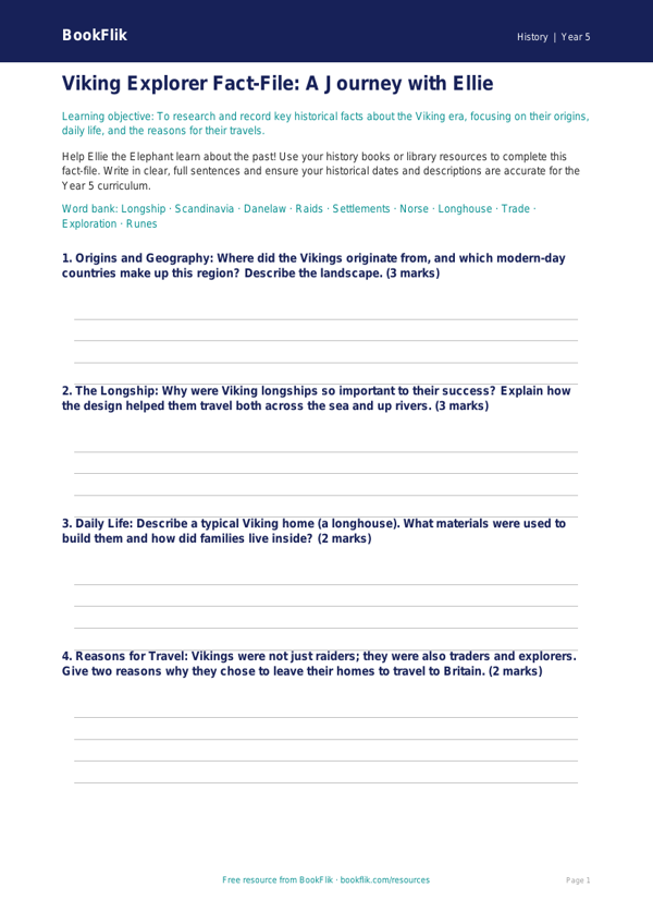 Free Vikings Template | Year 5 Core | BookFlik worksheet preview — History Vikings
