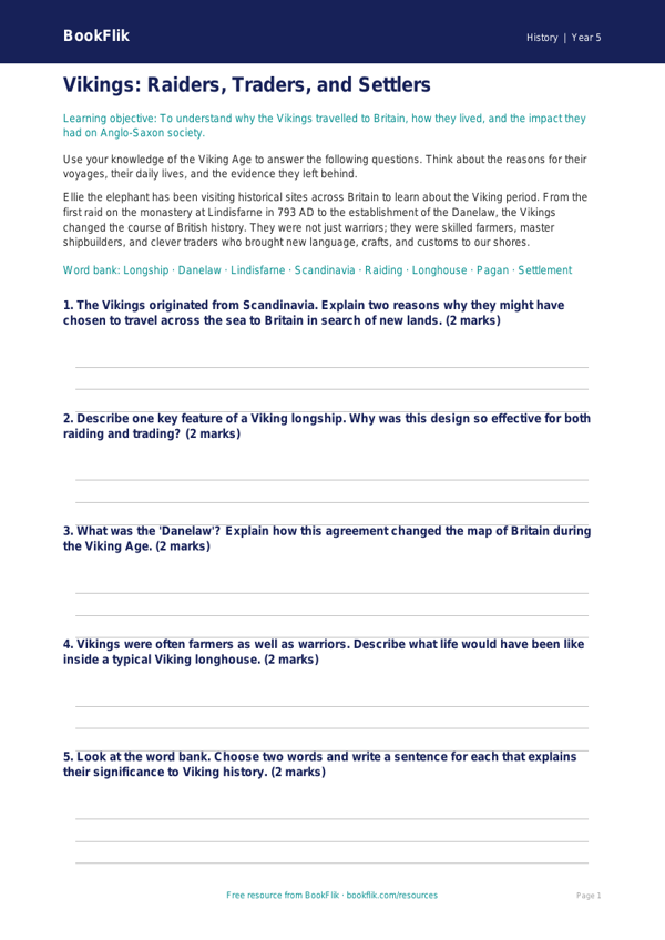 Free Vikings Worksheet | Year 5 Core | BookFlik worksheet preview — History Vikings
